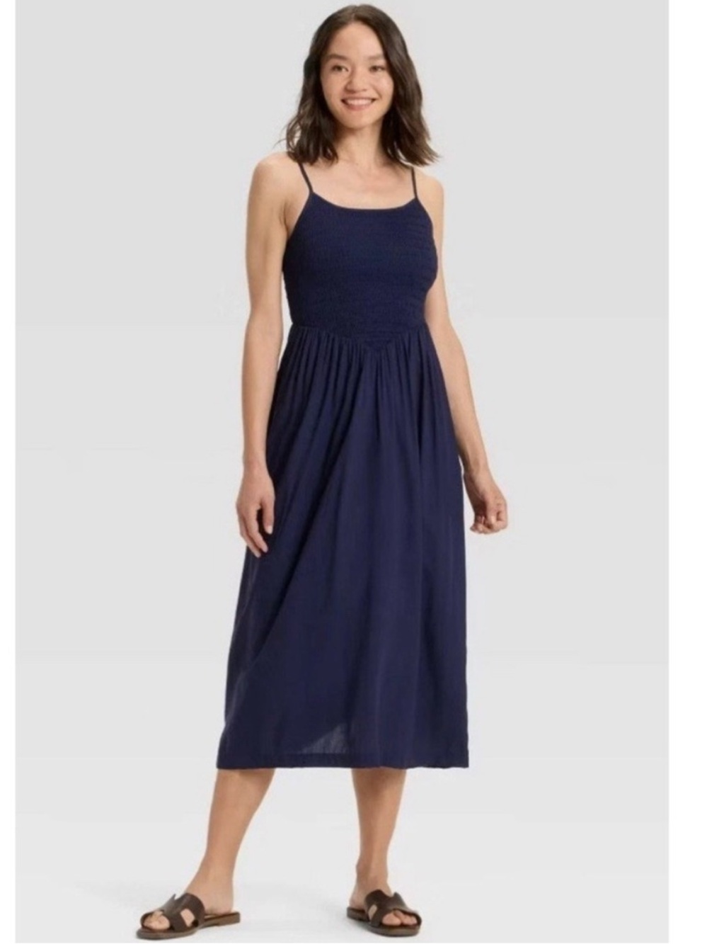 A New Day Women’s Smocked V-Waist Midi Dress - Navy Blue